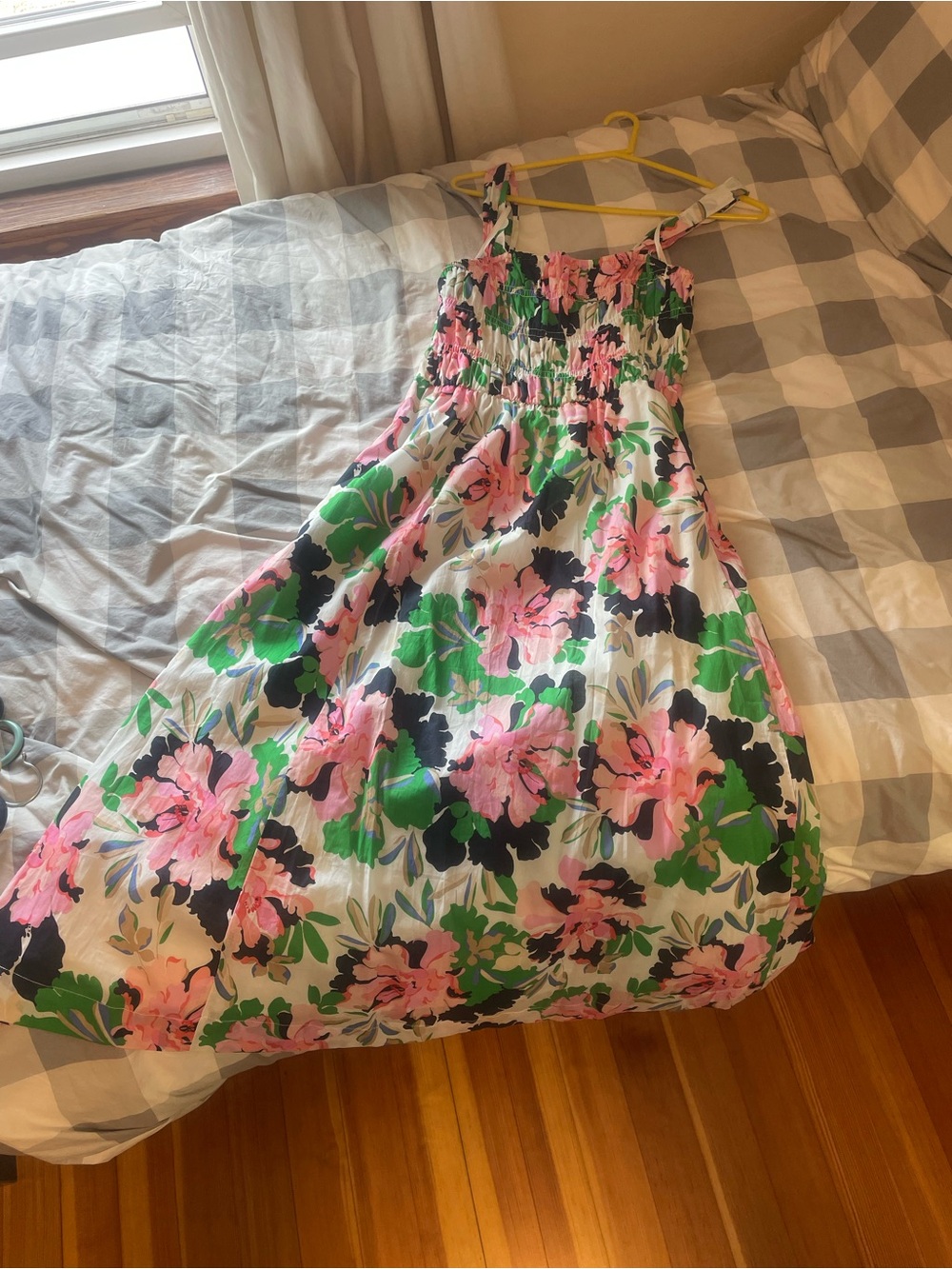 Tommy Hilfiger Pink, Green & Black Floral Smocked Cotton Maxi Dress